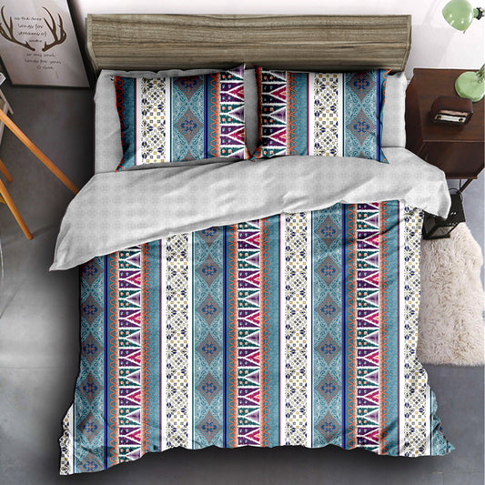 Boho Styled 240 TC Blue & White Geometric Double Size Bedsheet With 2 Pillow Covers