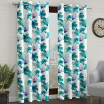 2 Pcs Blue Nature Floral Print Polyester Window / Door Curtains