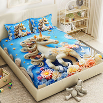 Story@Home Treedee 240 TC White & Blue Double Size Unicorn Bedsheet With 2 Pillow Cover