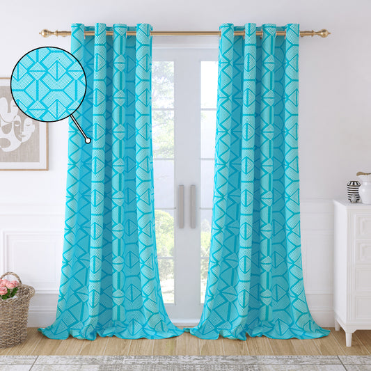 2 Pcs 300GSM Aqua Blue Geometric Bohemian Cotton Canvas Curtain Window/Door/Long Door Curtains