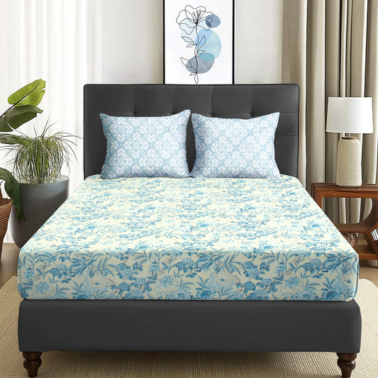 Arena 160 TC Cream & Blue Floral Double Size Bedsheet With 2 Pillow Cover