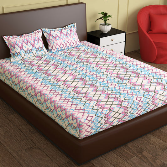 240 TC Microfiber Pink & Blue Geometric King size Bedsheet with 2 pillow Covers