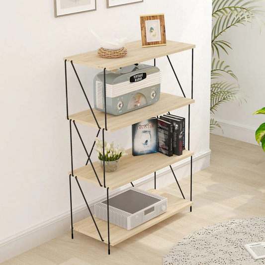 A modern shelf with four wooden tiers displaying a vintage radio, books, a plant, and framed art.