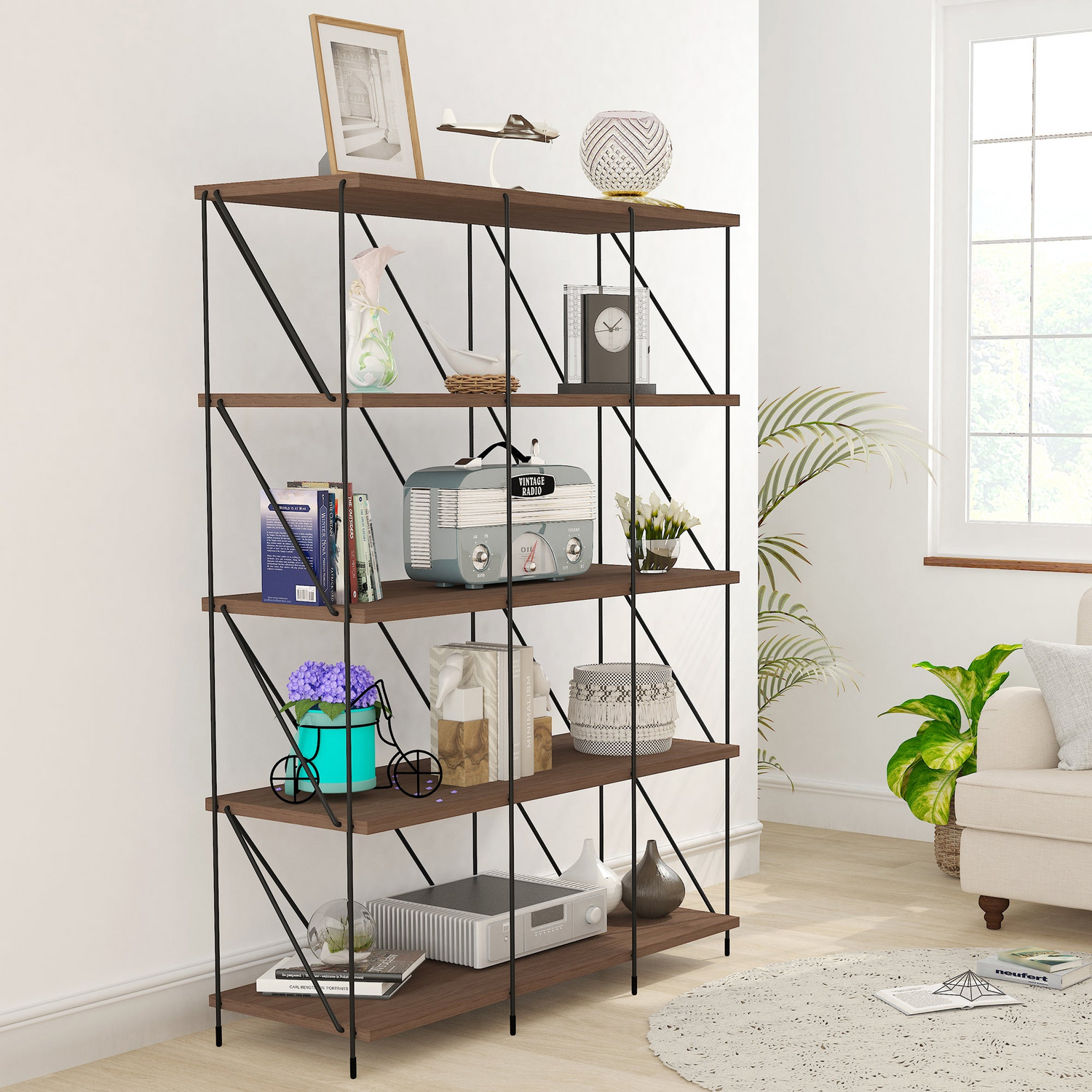 Modern room with a five-tiered wooden shelf filled with books and decorative items.