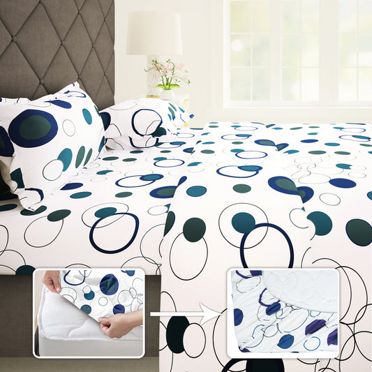Metro 186 TC White & Blue Circles Queen / King Size Fitted Cotton Bedsheet With 2 Pillow Cover