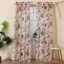 2 Pcs Cream & Purple Sheer Window / Door / Semi Long Door/ Long Door Curtains