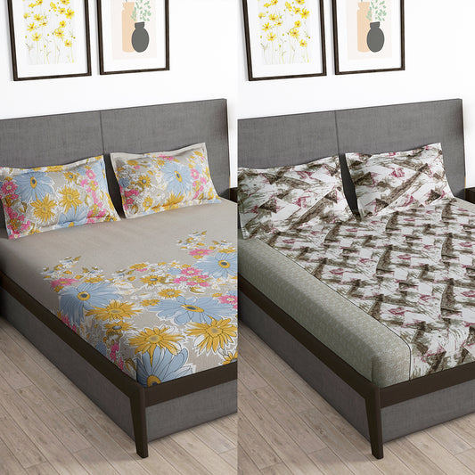 Story@Home 2 Pcs Arena Microfiber Double Bedsheet Combo With 4 Pillow Covers -  Beige & Brown