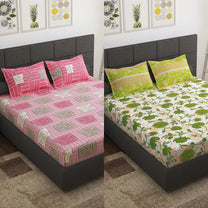 Ventura 144 TC Pink & Green Cotton Double Bedsheet Combo - Pack of 2