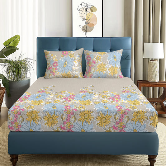 Arena 160 TC Beige Floral Double Size Bedsheet With 2 Pillow Cover