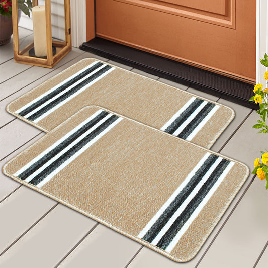 Story@Home 2 Pcs Beige Stripes Nylon Anti Skid Doormat