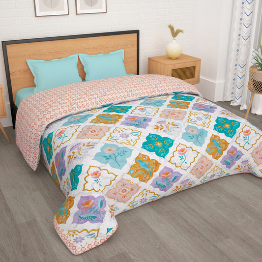 180 GSM Teal Motif Microfiber Fusion Reversible Double / Single Comforter