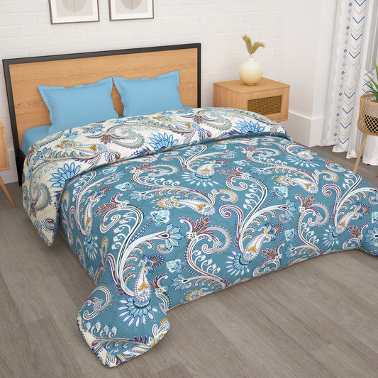 180 GSM Blue Floral Microfiber Fusion Reversible Double / Single Comforter