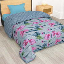 180 GSM Light Blue & Pink Floral Microfiber Fusion Reversible Double Comforter