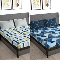 Story@Home 2 Pcs Arena Microfiber Double Bedsheets Combo With 4 Pillow Covers - White & Blue