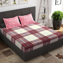 Ventura 144 TC 100% Cotton Red & White Checks Double Bedsheet