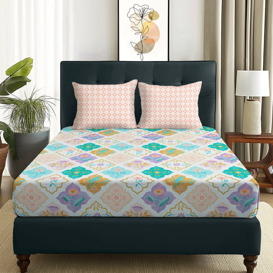 Arena 160 TC Teal & White Motif Double Size Bedsheet With 2 Pillow Cover