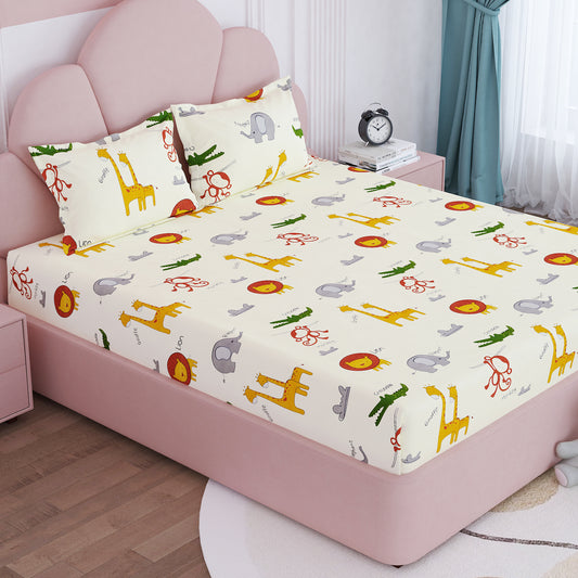 Arena Kids 180 TC Off White & Brown Double Size Bedsheet With 2 Pillow Cover