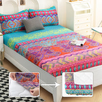 Boho Styled 240 TC Purple & Orange Motif Queen Fitted Bedsheet With 2 Pillow Covers