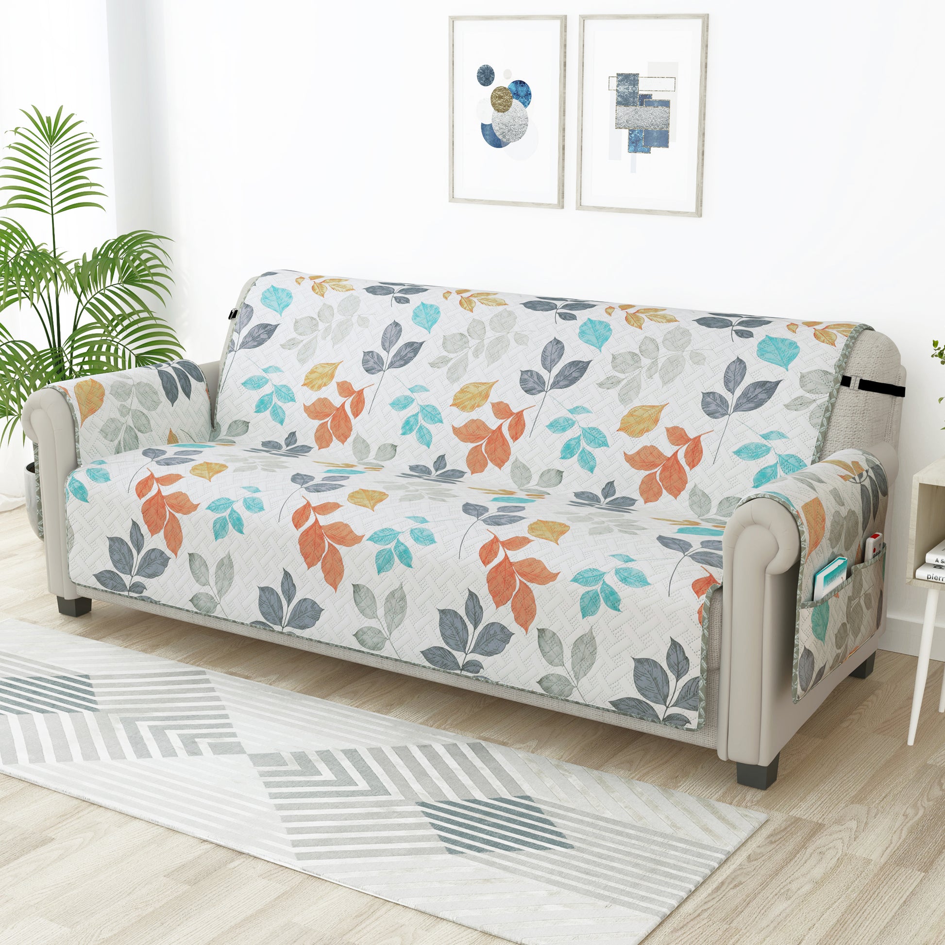 Sofa Throw Cover With Leaf Pattern In White Grey For S