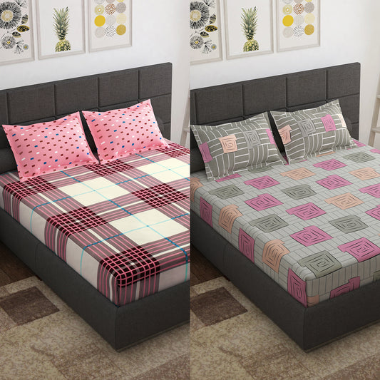 Ventura 144 TC Pink & Beige Cotton Double Bedsheet Combo - Pack of 2