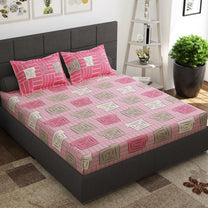 Ventura 144 TC Pink & Brown Squares Cotton Double Bedsheet Combo - Pack of 2