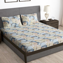 Arena 186 TC Cream & Grey Queen Size Fitted Bedsheet With 2 Pillow Cover