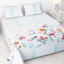 Story@home 240 TC Talespun Gold Microfiber White & Pink King Size Floral Bedsheet with 2 Pillow Covers