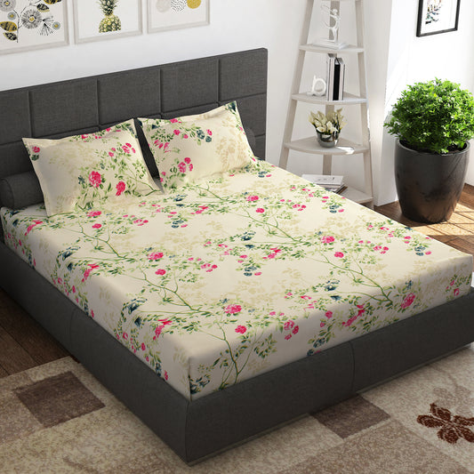 Ventura 144 TC Cream & Green Floral Cotton Double Bedsheet Combo - Pack of 2