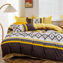 Boho Styled 240 TC Black & Yellow Geometric Double Size Bedsheet With 2 Pillow Covers