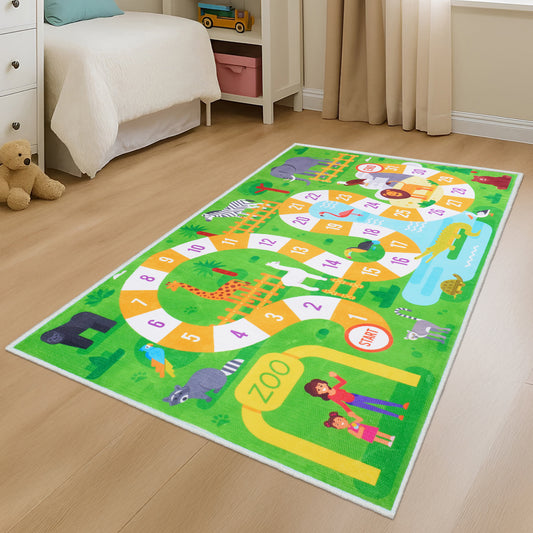 Story@Home Green Zoo Animals Design Printed Carpet With Anti-Skid Back For Kids