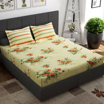 Ventura 144 TC 100% Cotton Cream & Orange Floral Double Bedsheet