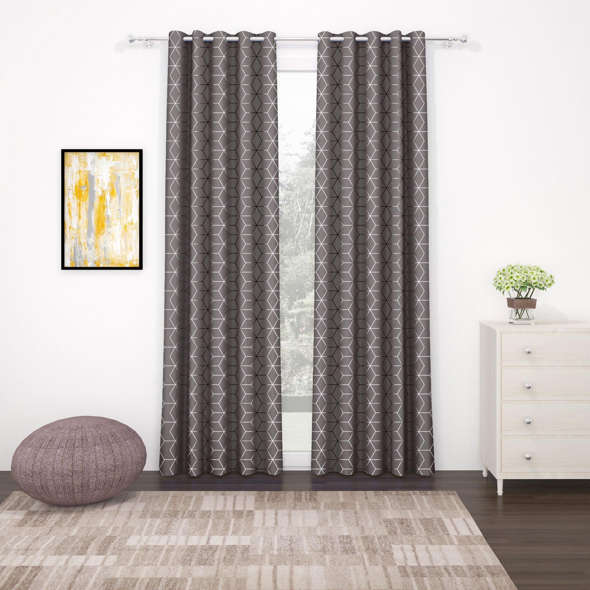 2 Pcs Blackout Foil Grey & Silver Hexagon Window/Door/Long Door Curtains