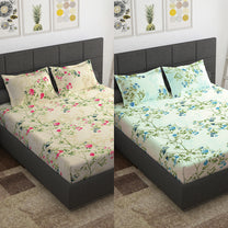 Ventura 144 TC Cream & Green Floral Cotton Double Bedsheet Combo - Pack of 2