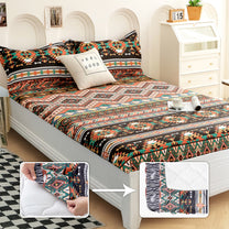 Boho Styled 240 TC Beige & Black Abstract Queen Fitted Bedsheet With 2 Pillow Covers