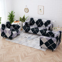 Sofa Cover Combo – 2 Pcs 1 Seater and 1 Pc 3 Seater Elastic Stretchable in Navy Blue & Grey Geometric Pattern by Story@Home