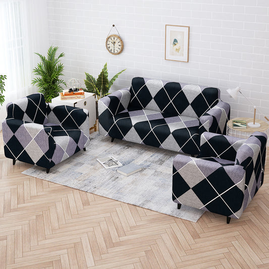 Sofa Cover Combo – 2 Pcs 1 Seater and 1 Pc 3 Seater Elastic Stretchable in Navy Blue & Grey Geometric Pattern by Story@Home