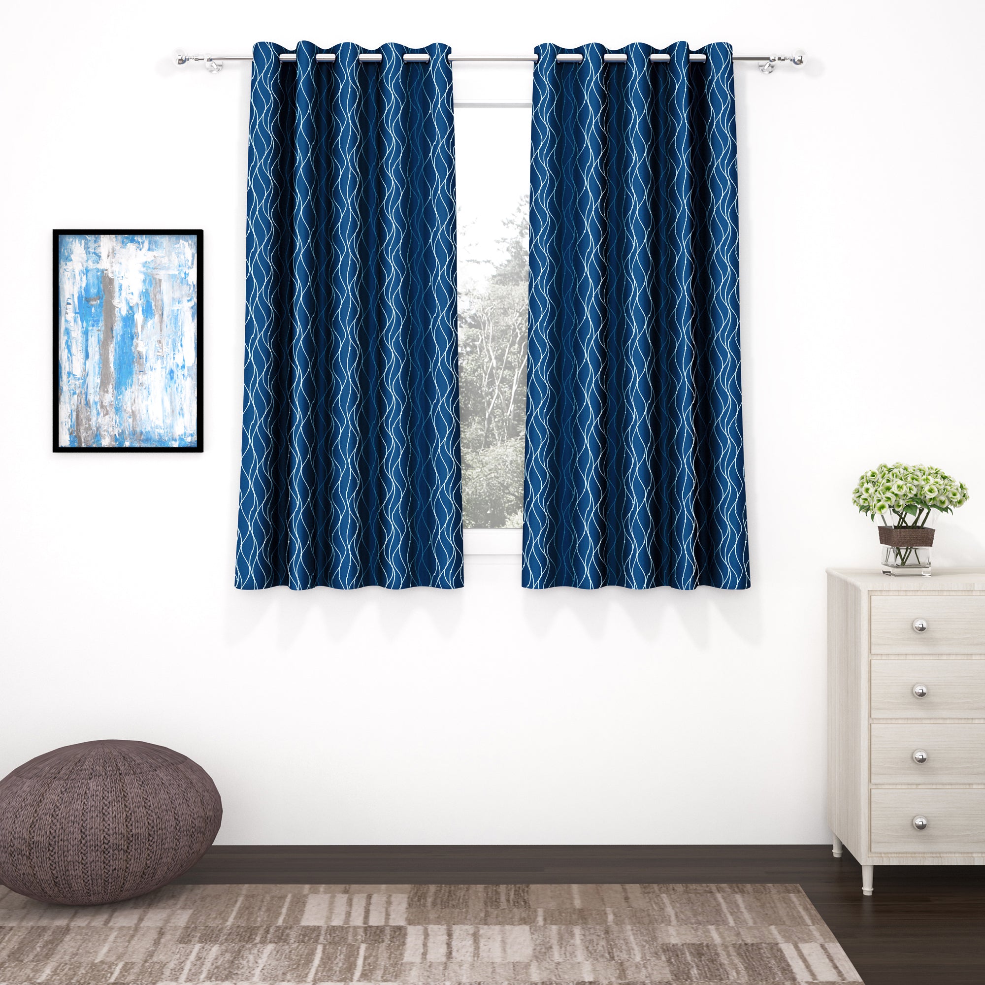 2 Pcs Blackout Foil Blue & Silver Curvy Line Dots Window/Door/Long Door Curtains