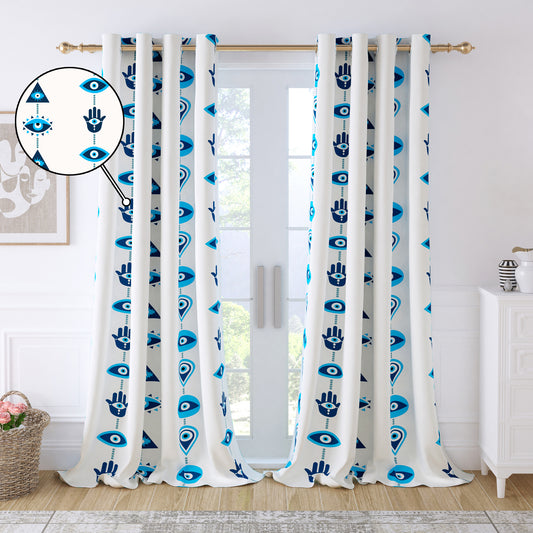 2 Pcs 300GSM Blue Graphic Bohemian Cotton Canvas Curtain Window/Door/Long Door Curtains