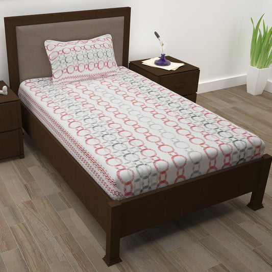 Sparkle 144 TC 100% Cotton White & Red Single Bedsheet Combo | Set of 2 |