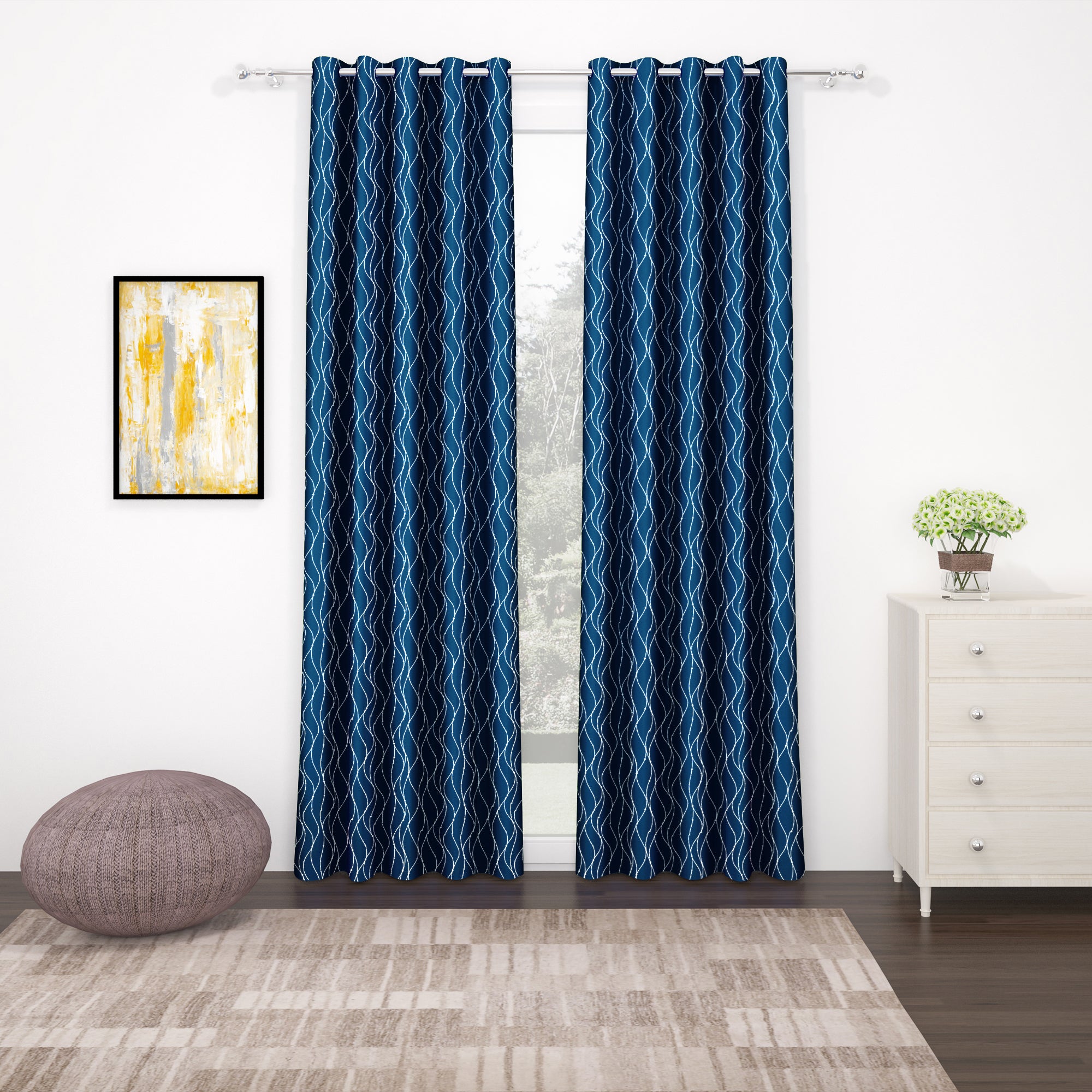 2 Pcs Blackout Foil Blue & Silver Curvy Line Dots Window/Door/Long Door Curtains