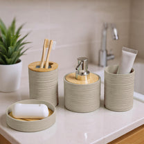 Story@Home Brown 4 Pcs Bamboo Bathroom Accessories Set - Toothbrush Holder, Soap Dispenser, Tumbler and Soap Dish