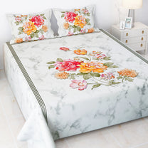 Story@home 240 TC Talespun Gold Microfiber White & Grey King Size Marble Floral Bedsheet with 2 Pillow Covers