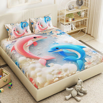 Story@Home Treedee 240 TC Pink & Blue Double Size Dolphins Bedsheet With 2 Pillow Cover