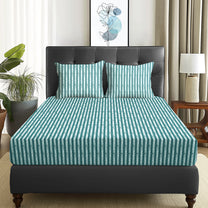 Arena 186 TC Green Stripes Double Size Bedsheet With 2 Pillow Cover