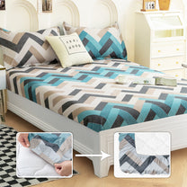 Boho Styled 240 TC Cyan Blue & White Geometric Queen Fitted Bedsheet With 2 Pillow Covers