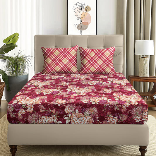 Arena 160 TC Magenta & Beige Floral Double Size Bedsheet With 2 Pillow Cover