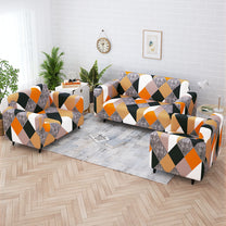 Sofa Cover Combo – 1 Pc 1 Seater, 1 Pc 2 Seater, and 1 Pc 3 Seater Elastic Stretchable in Orange & Beige Abstract Pattern by Story@Home