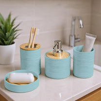 Story@Home Teal 4 Pcs Bamboo Bathroom Accessories Set - Toothbrush Holder, Soap Dispenser, Tumbler and Soap Dish