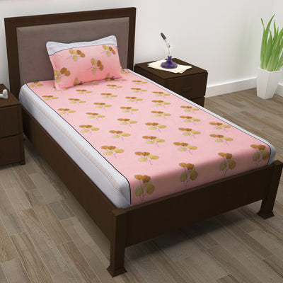 144 TC Microfiber Pink Leaf Single Size bedsheet with 1 Pillow Cover