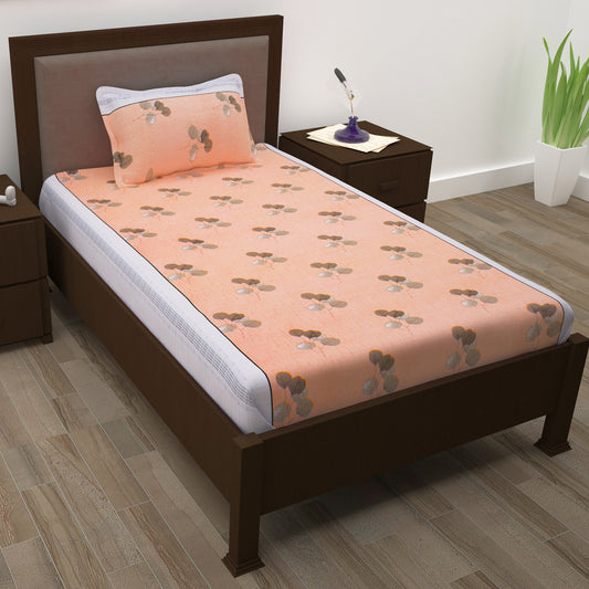 Sparkle 144 TC 100% Cotton Peach & Brown Single Bedsheet Combo | Set of 2 |